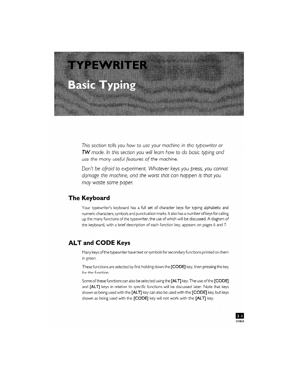 The keyboard, Alt and code keys | Brother CM-2000 User Manual | Page 41 / 201