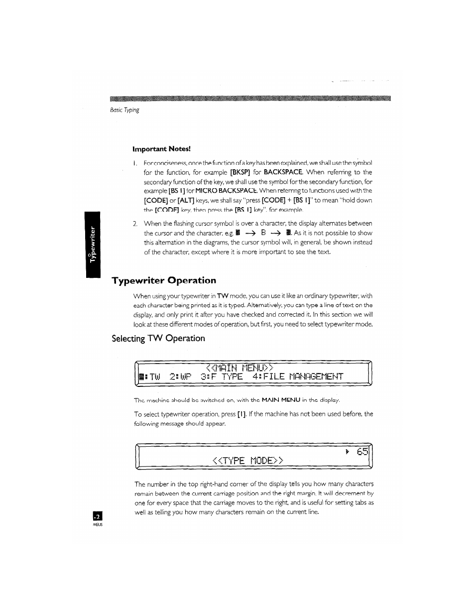 Typewriter operation, Selecting tw operation | Brother CM-2000 User Manual | Page 42 / 201