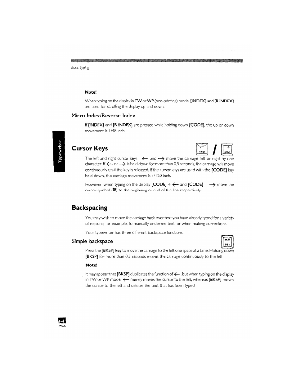 Cursor keys, Backspacing, Micro index/reverse index | Simple backspace | Brother CM-2000 User Manual | Page 44 / 201