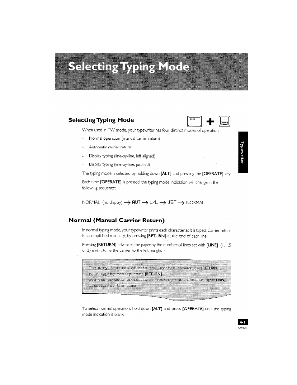 Selecting typing mode, Normal (manual carrier return) | Brother CM-2000 User Manual | Page 49 / 201