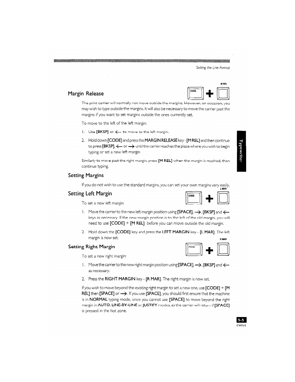 Margin release, Setting margins, Setting left margin | A setting right margin | Brother CM-2000 User Manual | Page 59 / 201