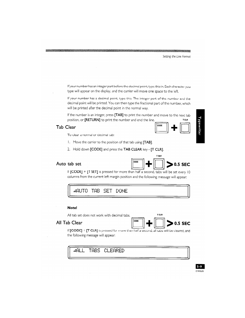 Tfib set done, 5 sec, Tab clear | Auto tab set, All tab clear | Brother CM-2000 User Manual | Page 63 / 201