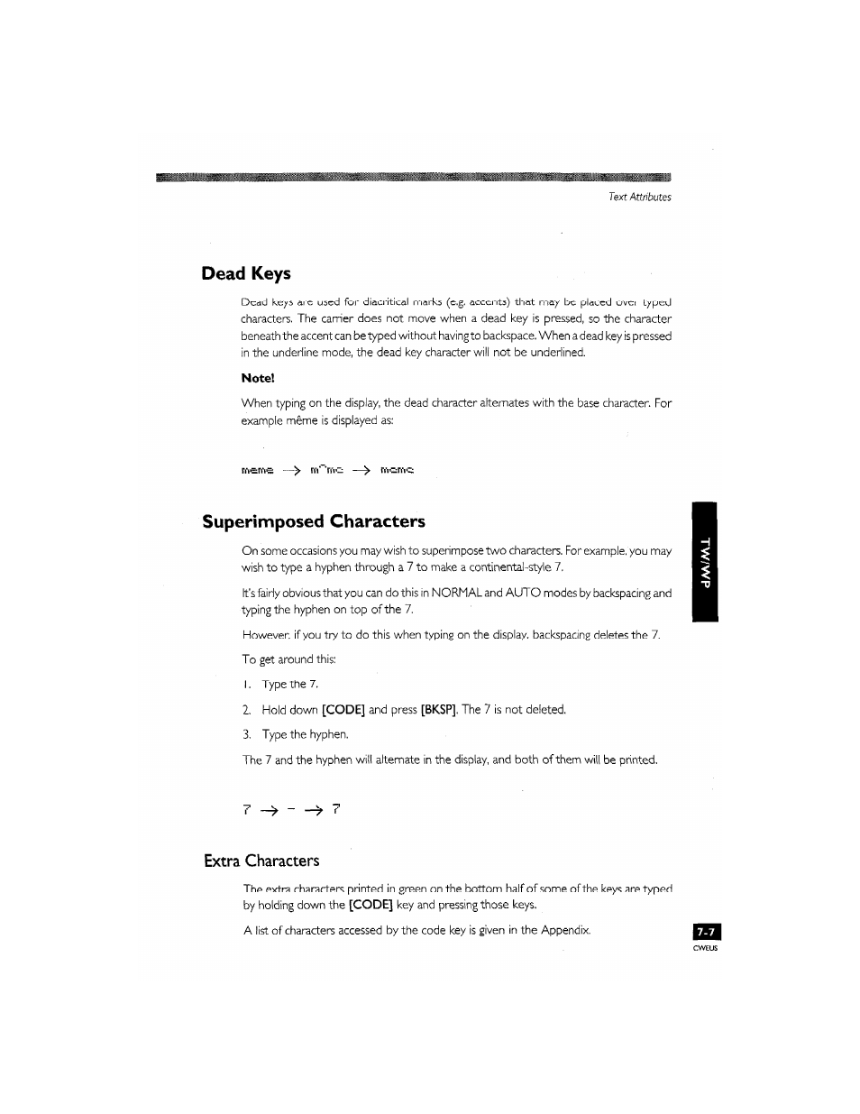 Dead keys, Superimposed characters, Extra characters | Merfie ^ ^ ri'ieme, R —^ ~ —^ f | Brother CM-2000 User Manual | Page 77 / 201