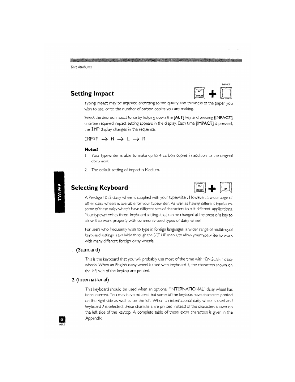 Setting impact, Selecting keyboard, Ihpsm h l -> m | Brother CM-2000 User Manual | Page 78 / 201