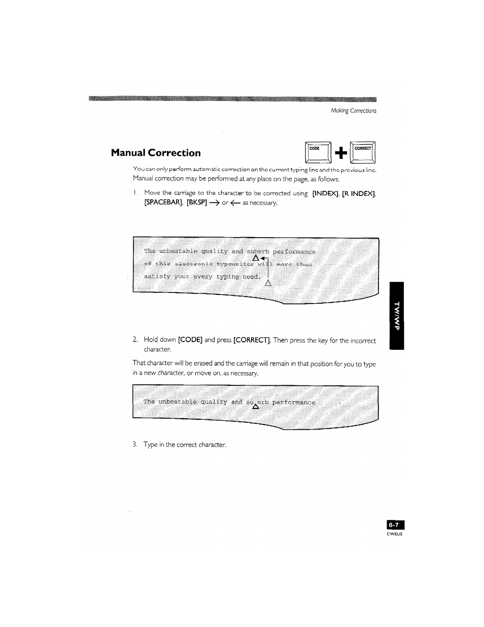 Manual correction, Making corrections -1 | Brother CM-2000 User Manual | Page 87 / 201