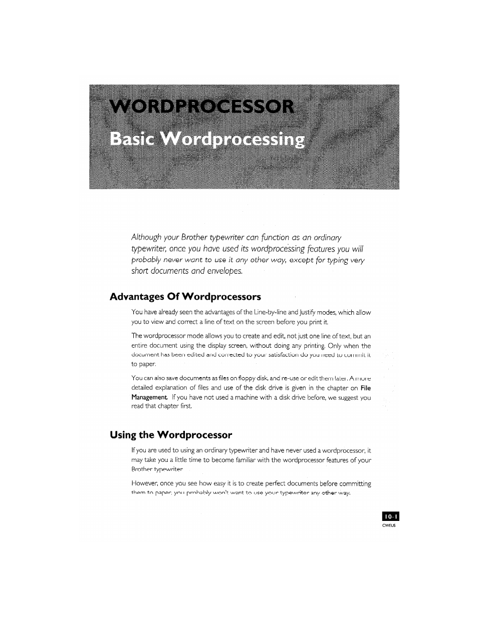 Advantages of wordprocessors, Using the wordprocessor, Advantages of wordprocessors -1 | Using the wordprocessoi* -1 | Brother CM-2000 User Manual | Page 99 / 201