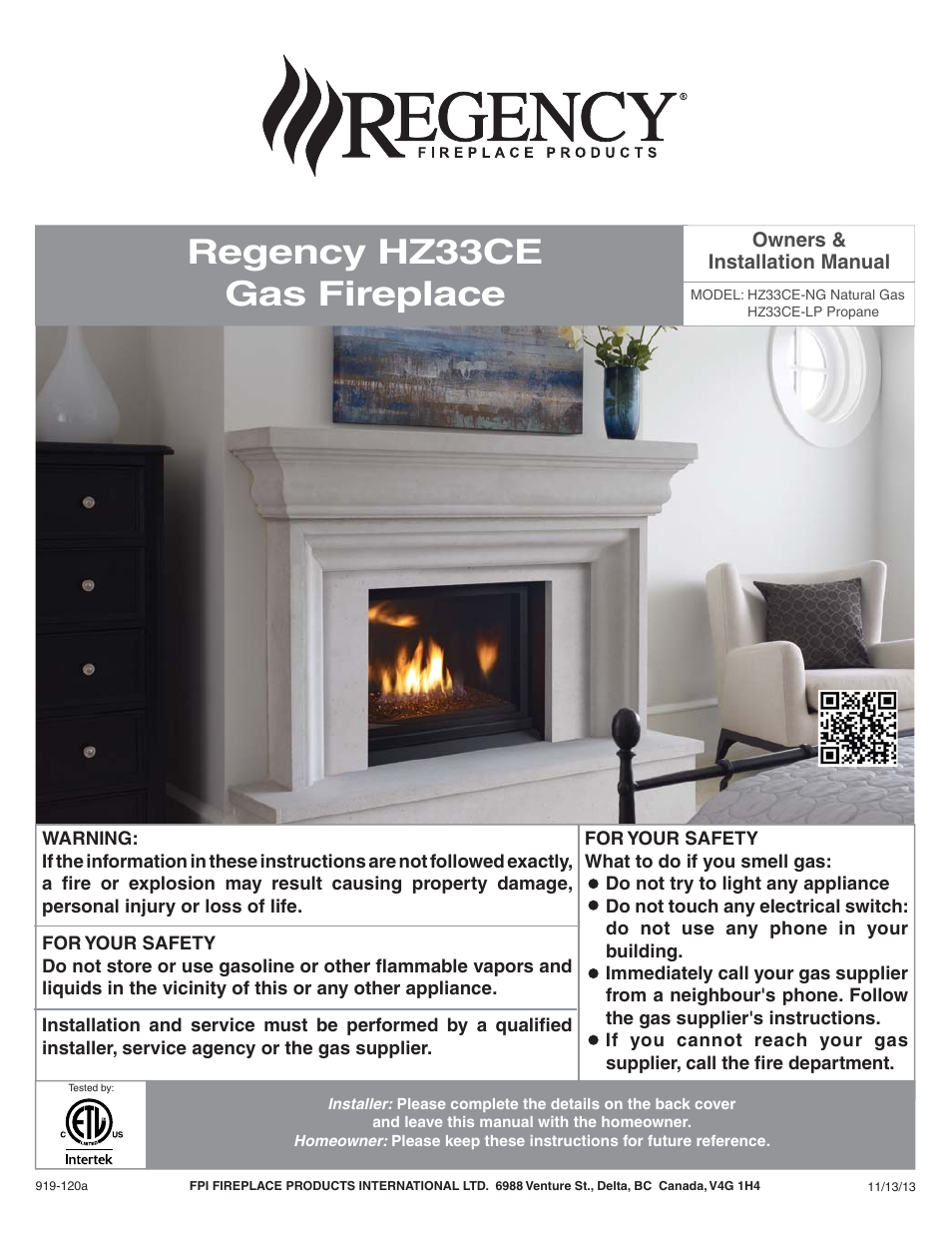 Regency Horizon HZ33CE Small Gas Fireplace User Manual | 60 pages