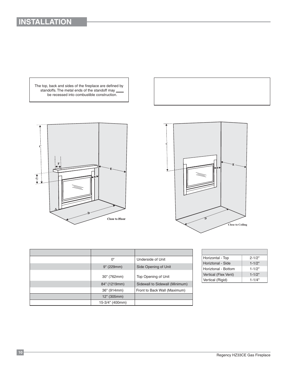 Installation, Clearances | Regency Horizon HZ33CE Small Gas Fireplace User Manual | Page 10 / 60