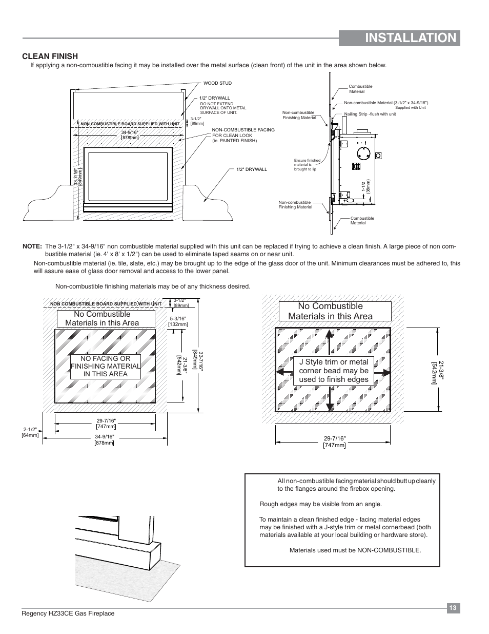 Installation, No combustible materials in this area, Clean finish | Regency Horizon HZ33CE Small Gas Fireplace User Manual | Page 13 / 60