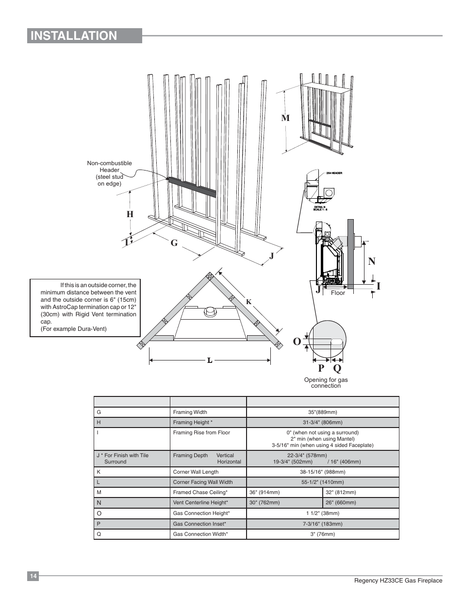 Installation, P q o n, Framing dimensions | Gh i j | Regency Horizon HZ33CE Small Gas Fireplace User Manual | Page 14 / 60