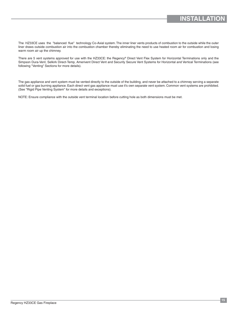Installation, Venting introduction | Regency Horizon HZ33CE Small Gas Fireplace User Manual | Page 15 / 60