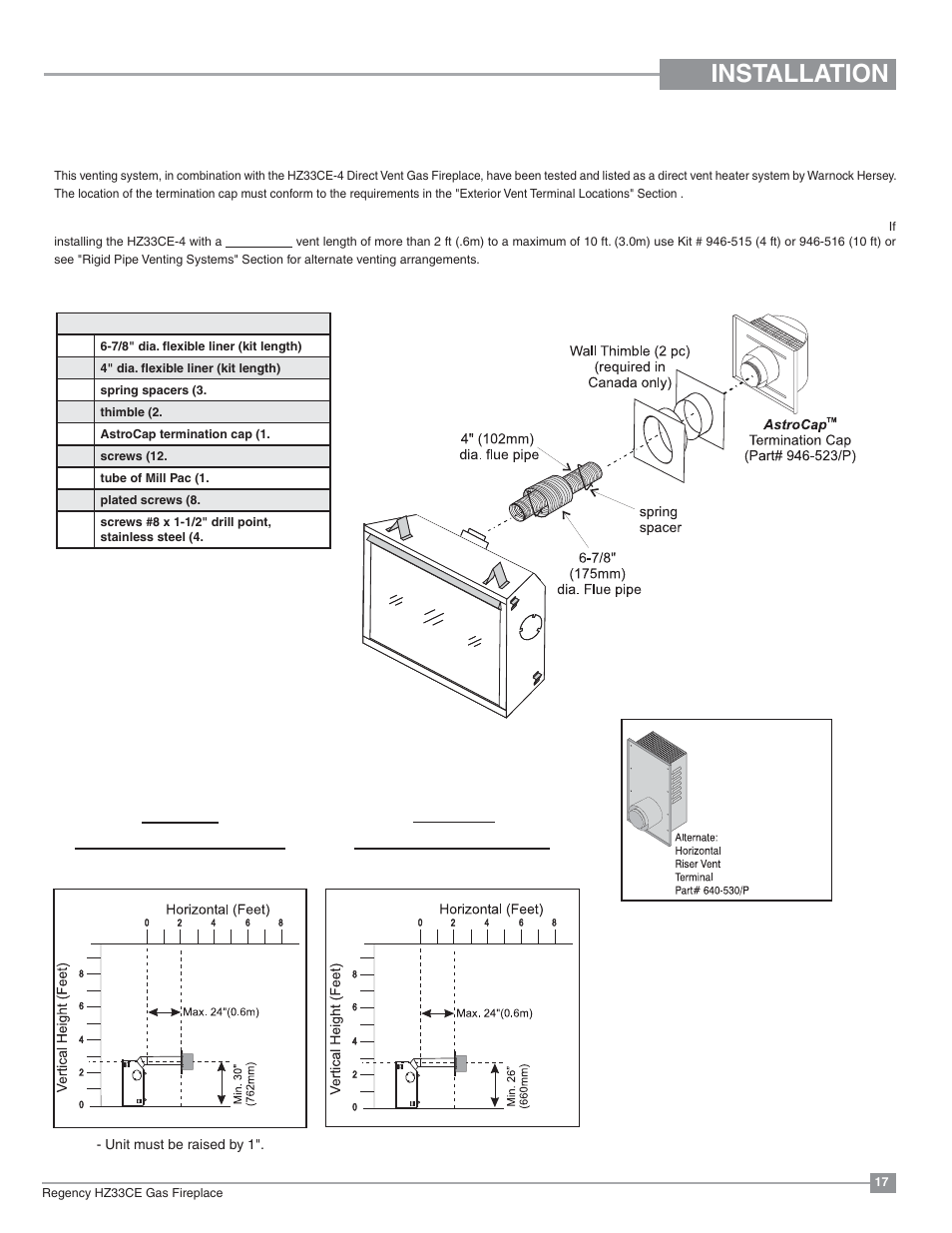 Installation, Regency, Direct vent flex system | Alternate horizontal termination caps | Regency Horizon HZ33CE Small Gas Fireplace User Manual | Page 17 / 60