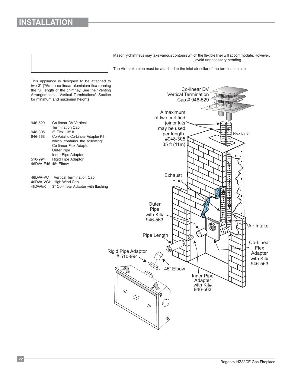 Installation, Vertical termination with co-linear flex system | Regency Horizon HZ33CE Small Gas Fireplace User Manual | Page 22 / 60