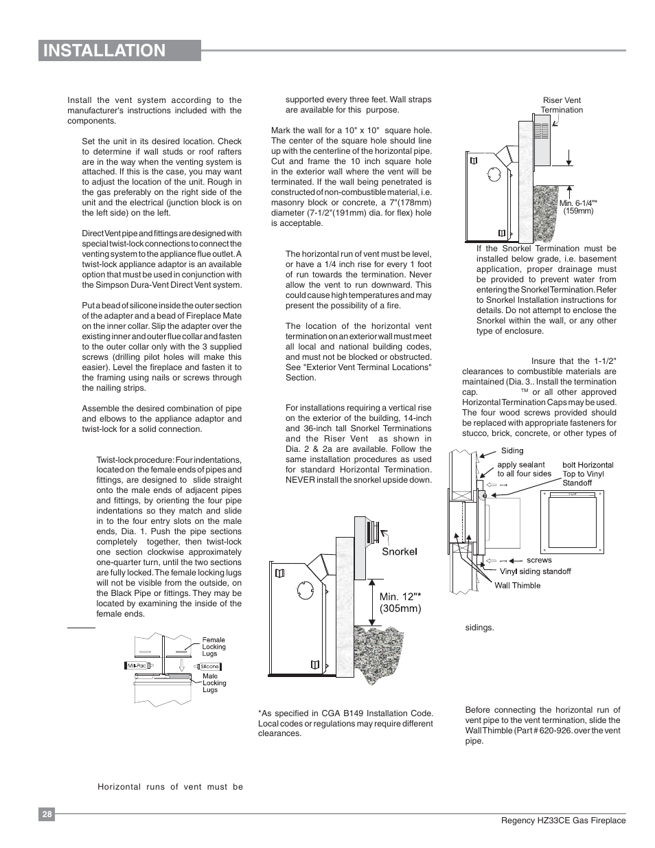 Installation, Unit installation with horizontal termination | Regency Horizon HZ33CE Small Gas Fireplace User Manual | Page 28 / 60