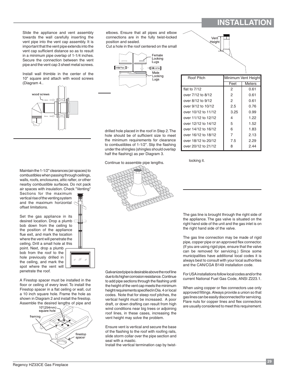 Installation, Gas line installation, Unit installation with vertical termination | Regency Horizon HZ33CE Small Gas Fireplace User Manual | Page 29 / 60