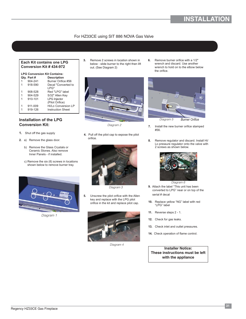 Installation | Regency Horizon HZ33CE Small Gas Fireplace User Manual | Page 31 / 60