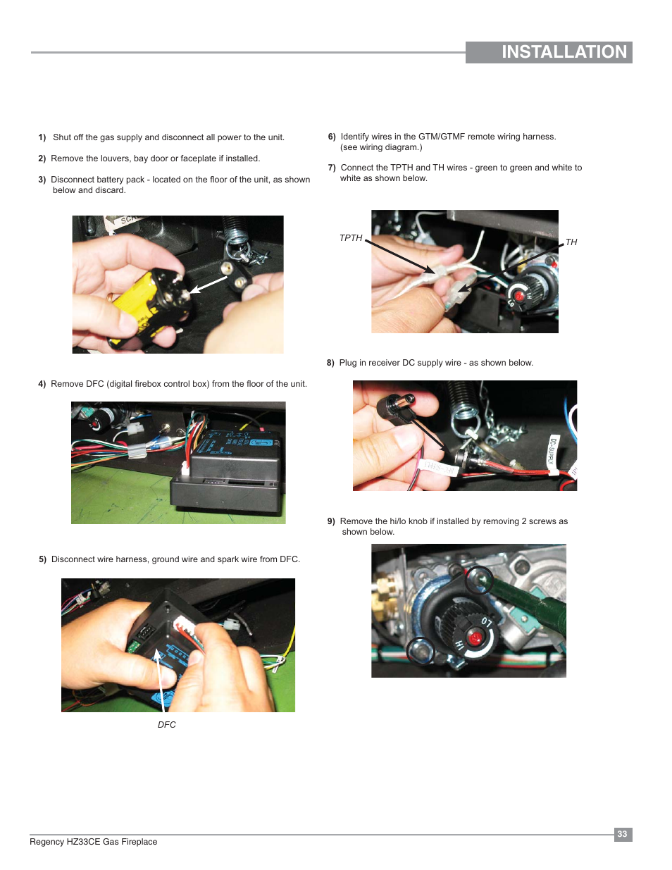 Installation, Gtm remote installation | Regency Horizon HZ33CE Small Gas Fireplace User Manual | Page 33 / 60