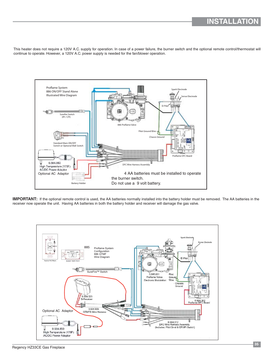 Installation, Wiring diagrams, Proflame system gt | Regency Horizon HZ33CE Small Gas Fireplace User Manual | Page 35 / 60