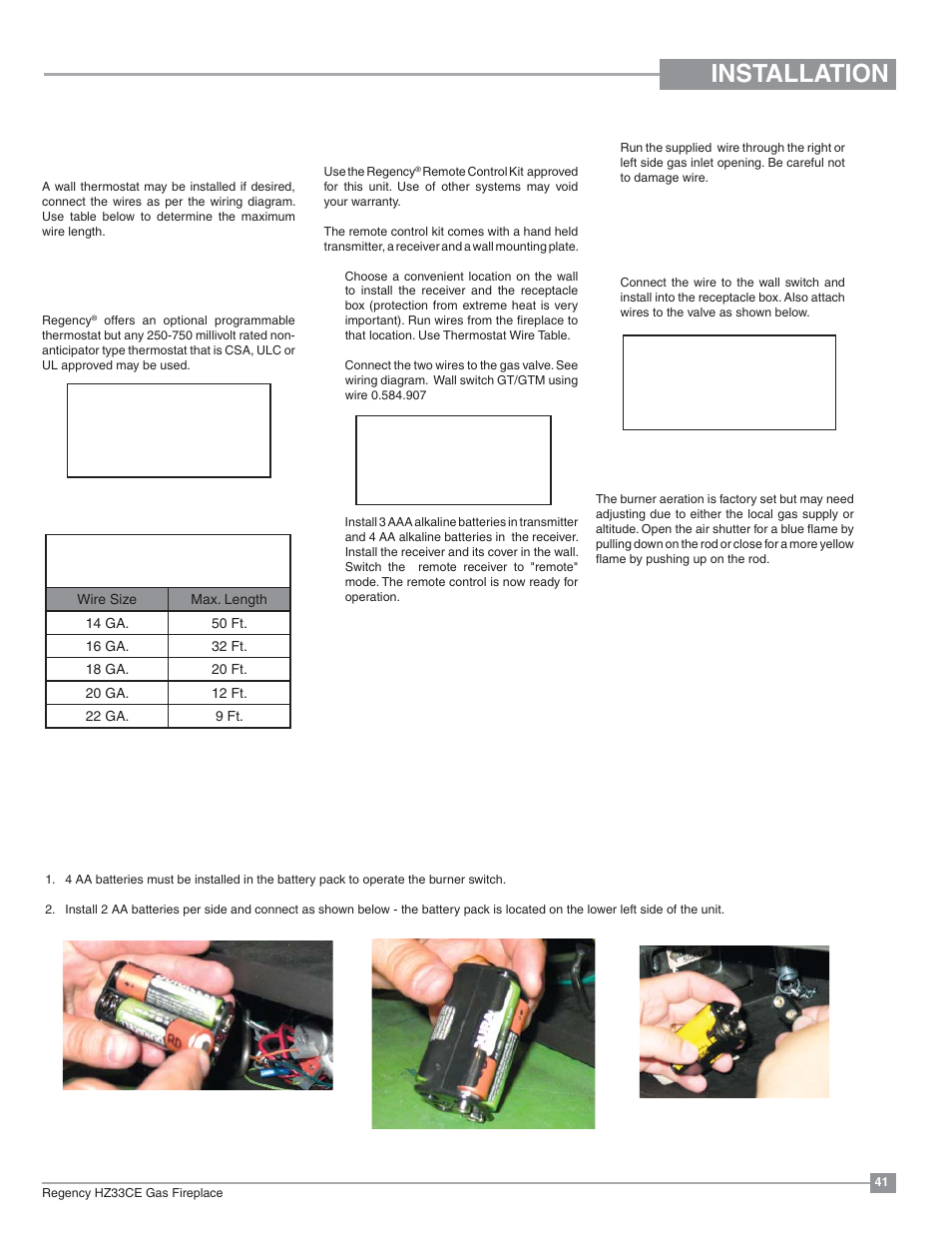 Installation, Wall switch, Optional wall thermostat | Optional remote control, Aeration adjustment, Battery installation | Regency Horizon HZ33CE Small Gas Fireplace User Manual | Page 41 / 60