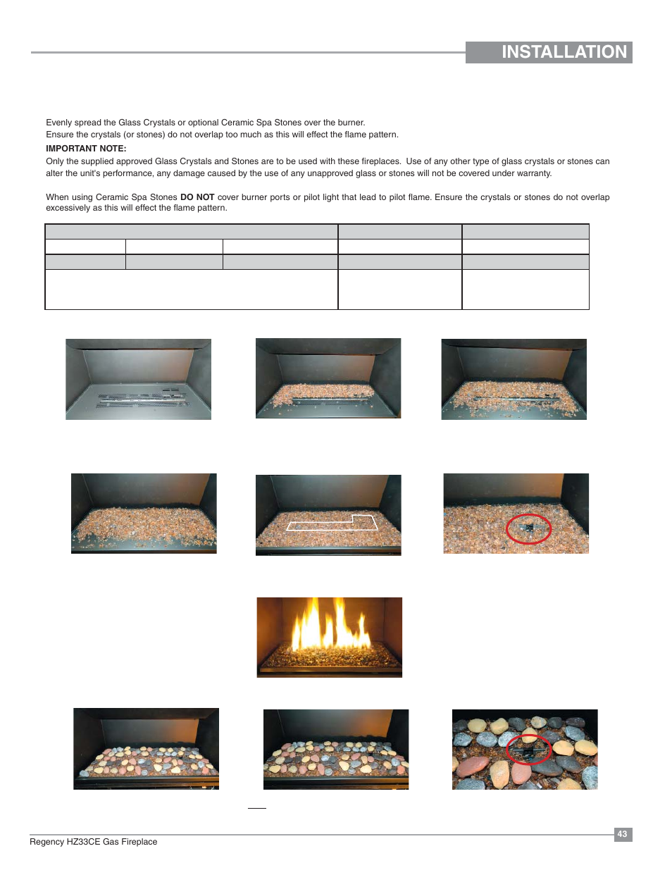 Installation, Optional spa stones installation (around burner | Regency Horizon HZ33CE Small Gas Fireplace User Manual | Page 43 / 60