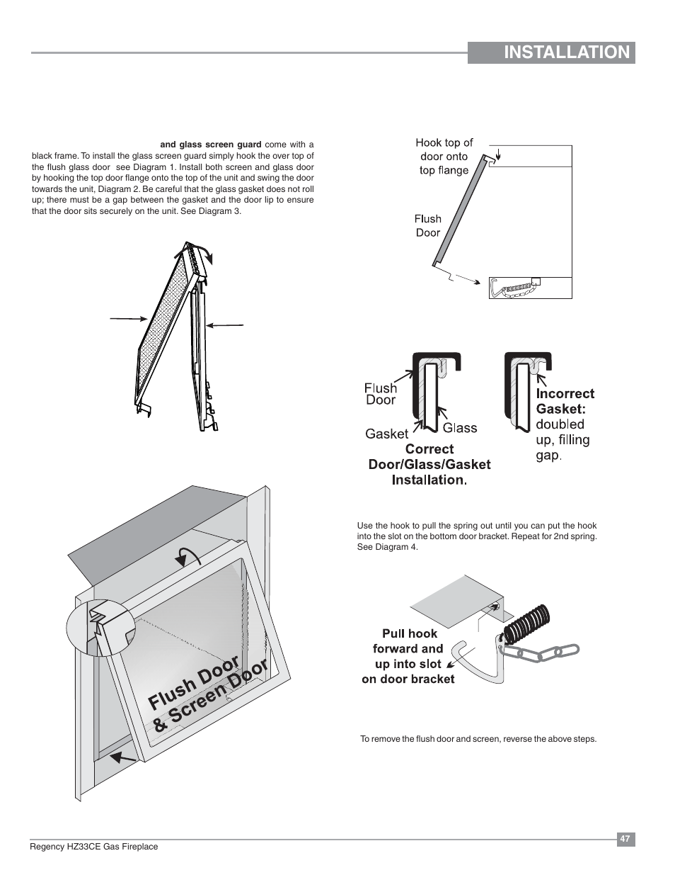 Screen door, Installation, Glass screen guard and glass door installation | Regency Horizon HZ33CE Small Gas Fireplace User Manual | Page 47 / 60