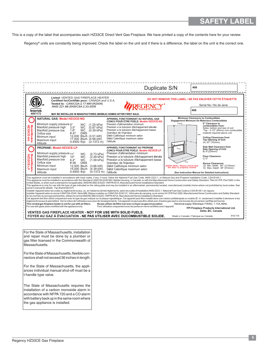 Safety label, Duplicate s/n, Copy of safety decal | Regency Horizon HZ33CE Small Gas Fireplace User Manual | Page 5 / 60