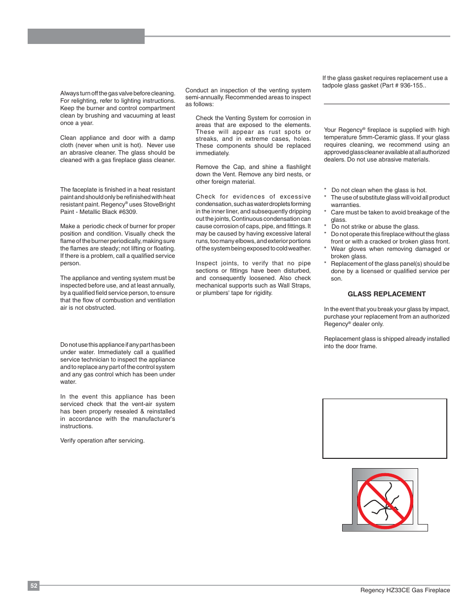 Maintenance, Maintenance instructions, Glass gasket | General vent maintenance, Glass door | Regency Horizon HZ33CE Small Gas Fireplace User Manual | Page 52 / 60