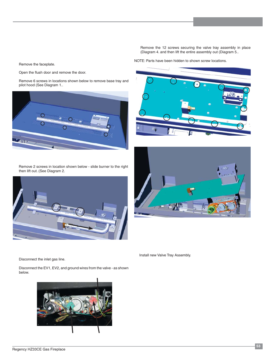 Maintenance, Valve tray replacement | Regency Horizon HZ33CE Small Gas Fireplace User Manual | Page 53 / 60