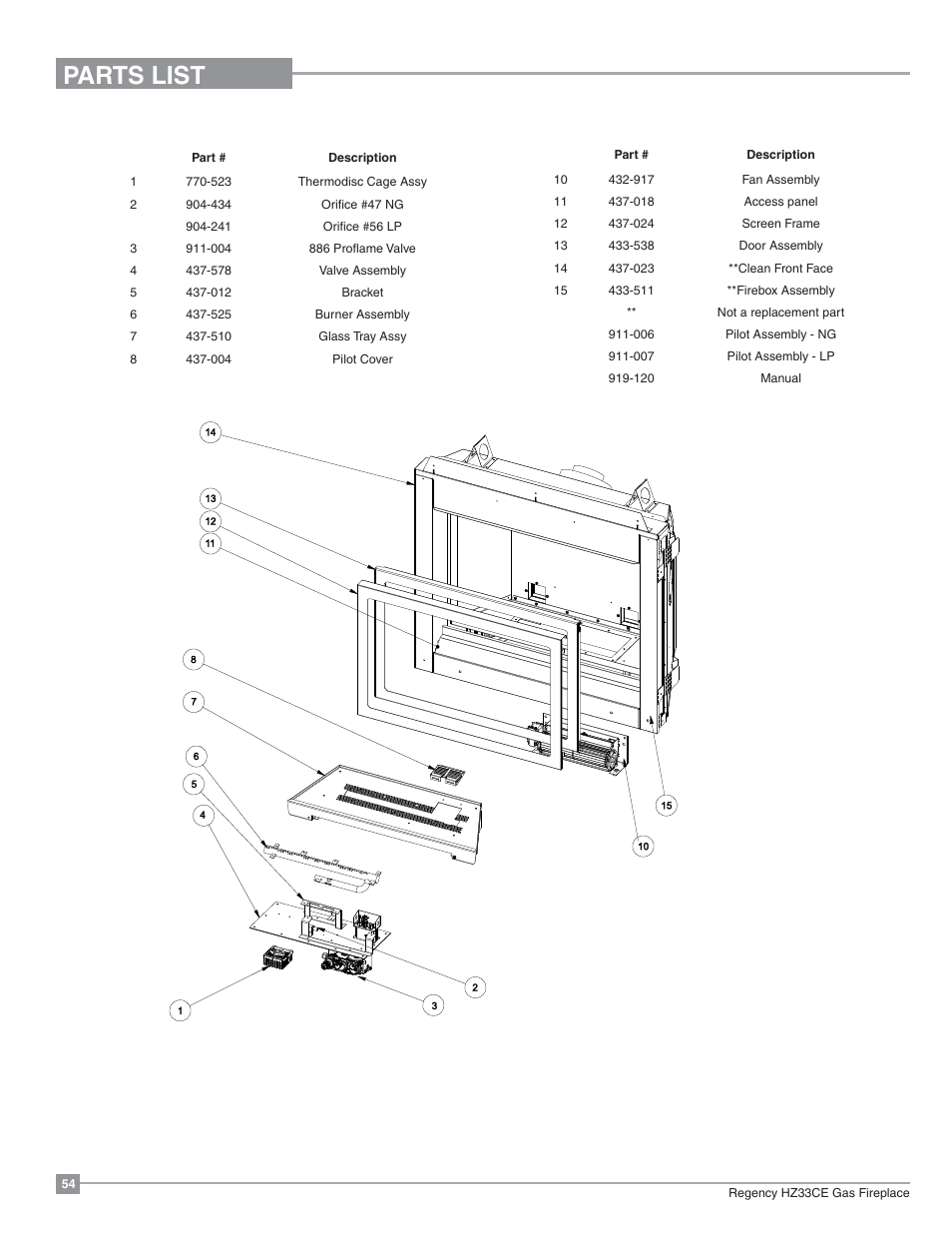 Parts list, Main assembly | Regency Horizon HZ33CE Small Gas Fireplace User Manual | Page 54 / 60