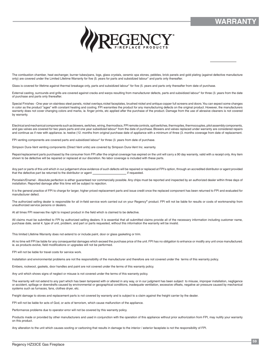Warranty | Regency Horizon HZ33CE Small Gas Fireplace User Manual | Page 59 / 60