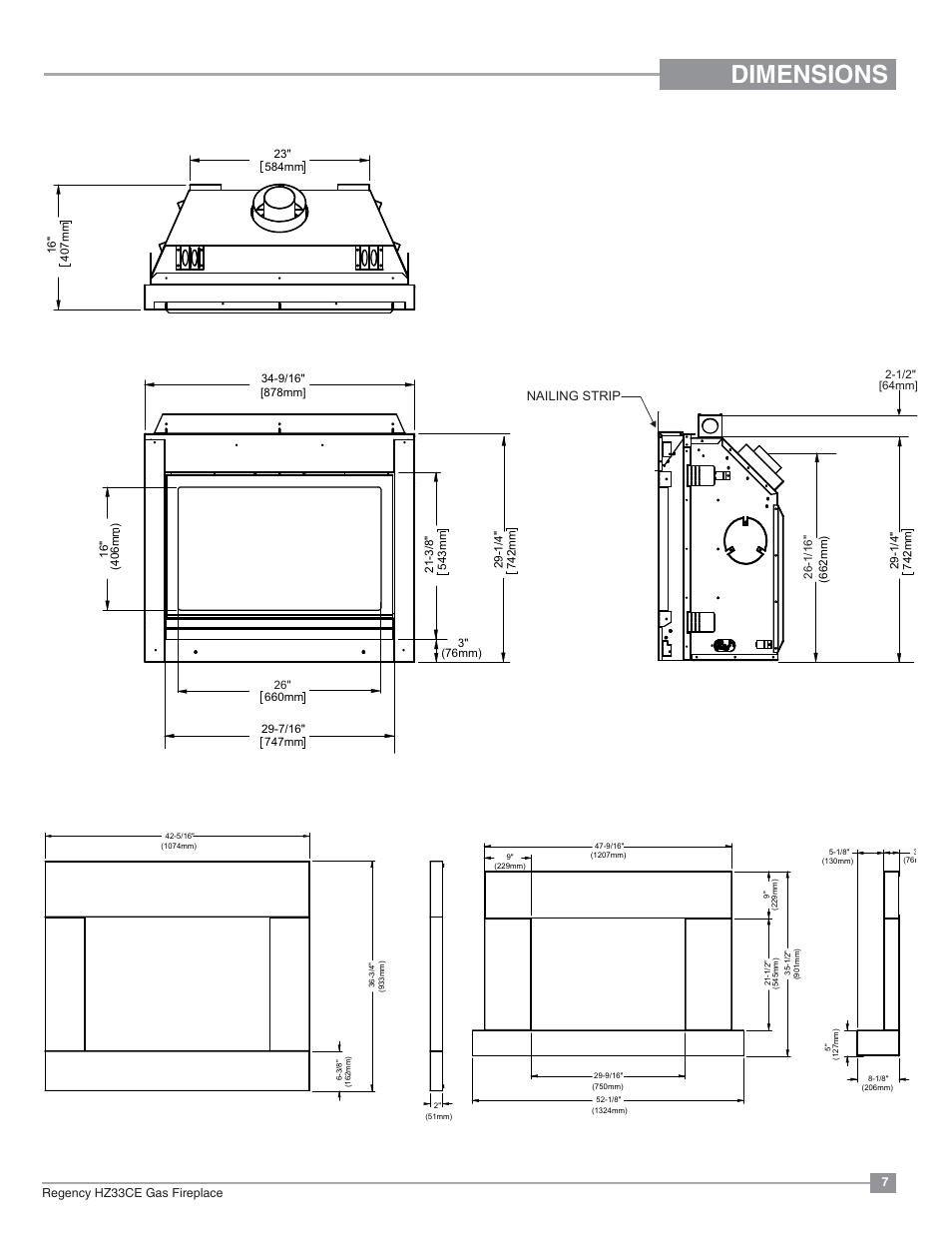 Dimensions | Regency Horizon HZ33CE Small Gas Fireplace User Manual | Page 7 / 60