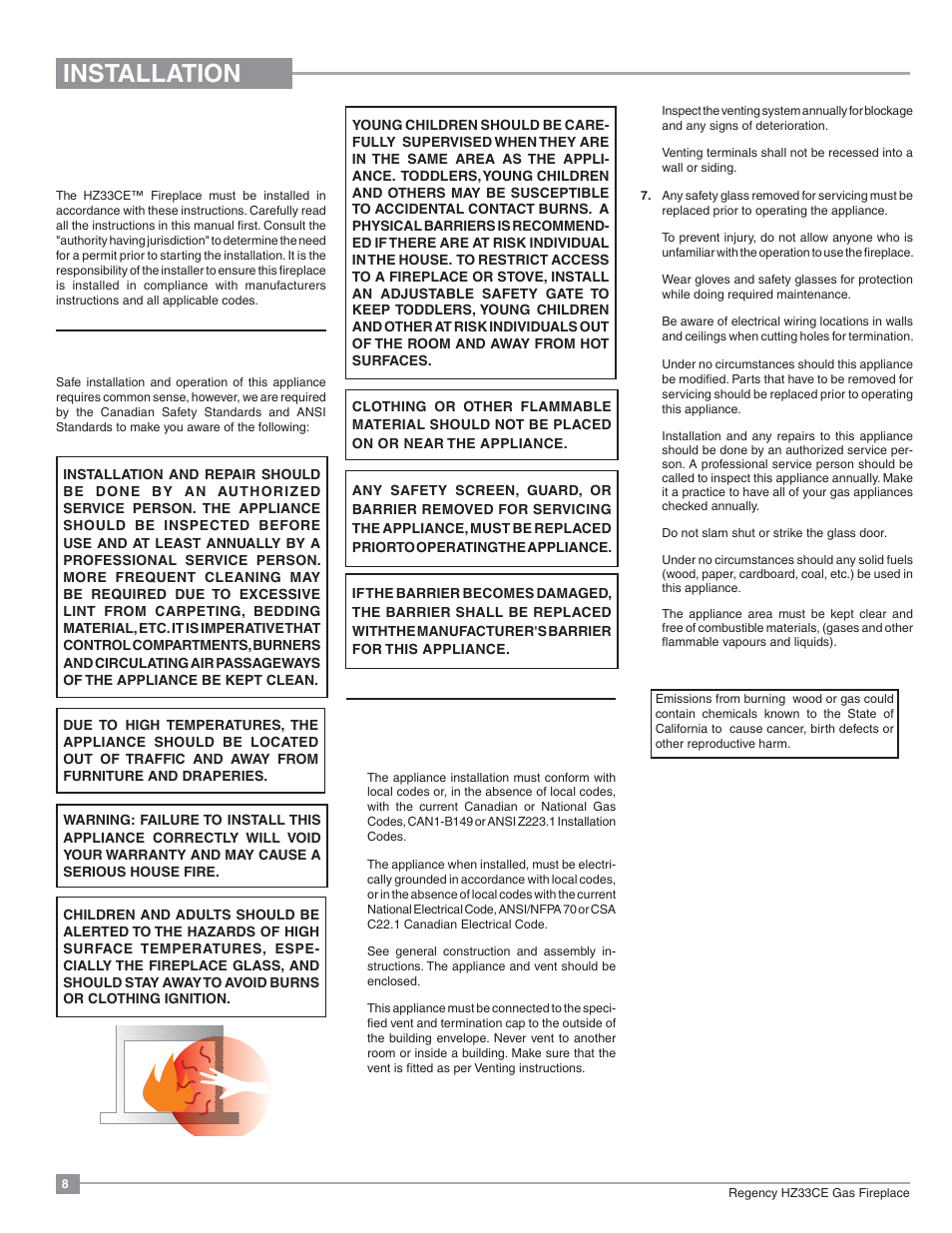 Installation, Important message save these instructions, Before you start | General safety information | Regency Horizon HZ33CE Small Gas Fireplace User Manual | Page 8 / 60