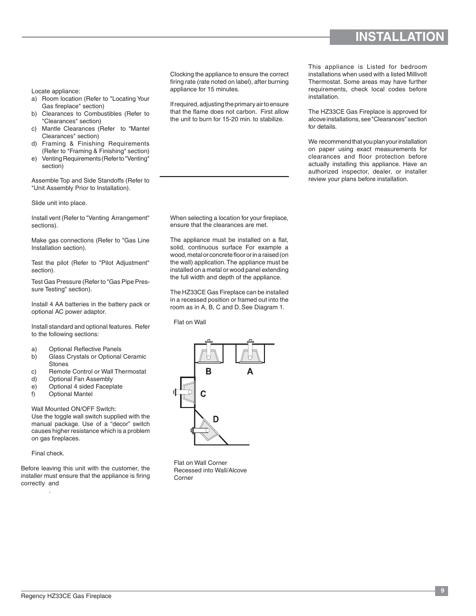 Installation, Locating your gas fireplace, Installation checklist | Regency Horizon HZ33CE Small Gas Fireplace User Manual | Page 9 / 60