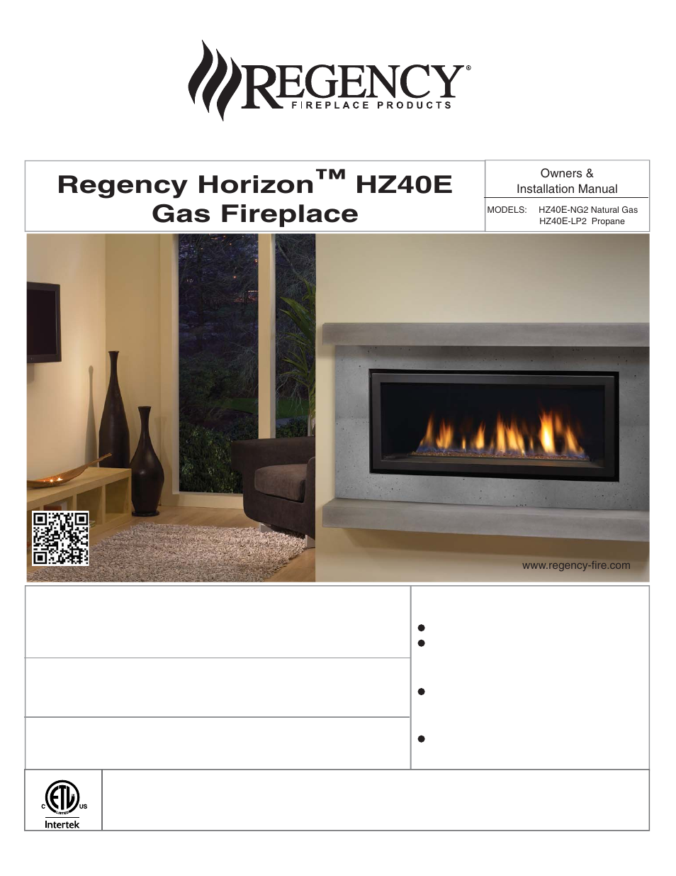 Regency Horizon HZ40E Medium Gas Fireplace User Manual | 68 pages