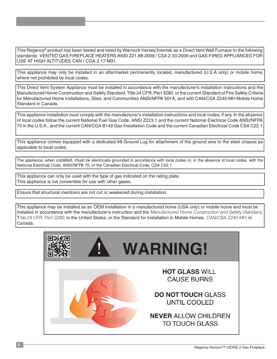 Manufactured mobile home requirements | Regency Horizon HZ40E Medium Gas Fireplace User Manual | Page 2 / 68