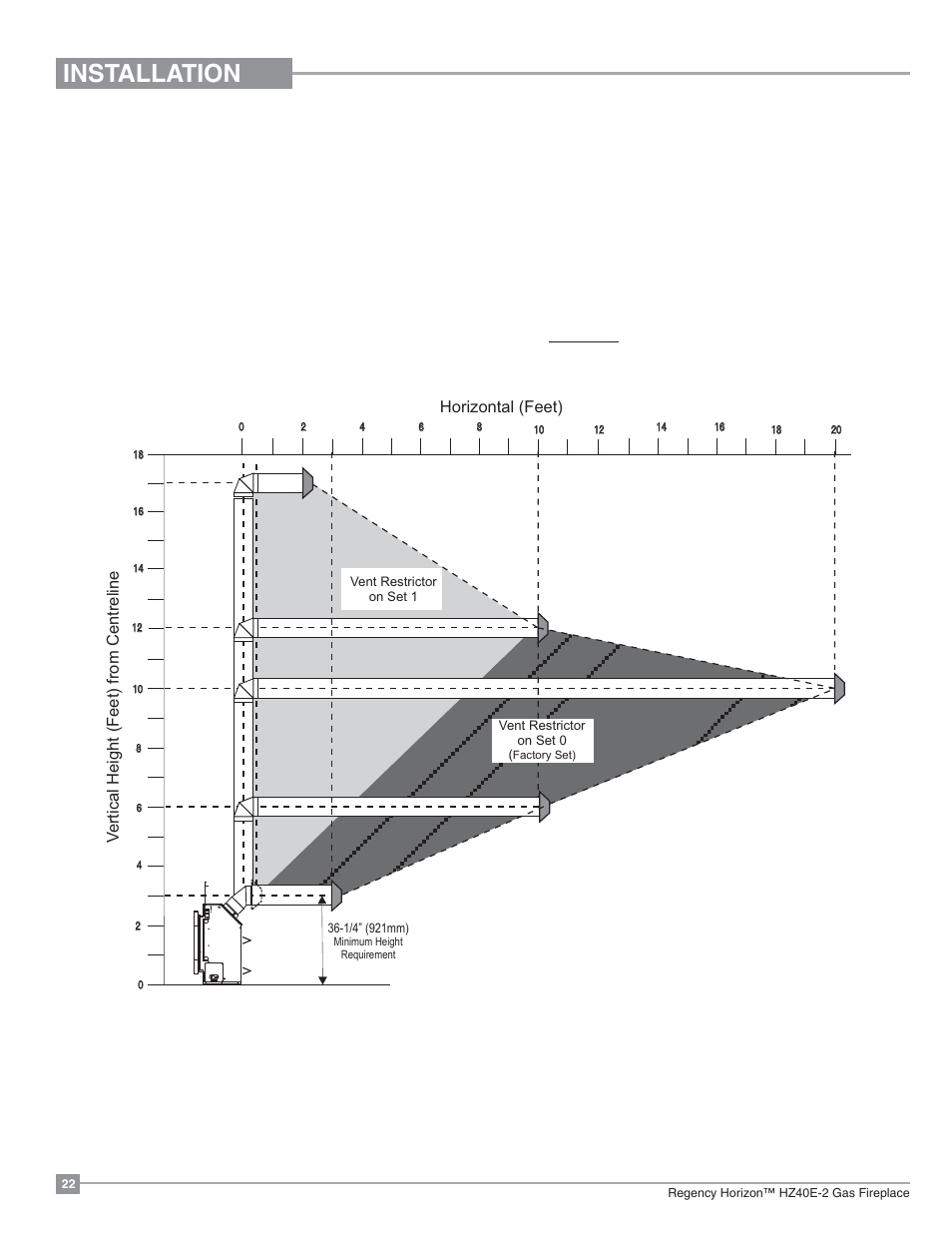 Installation, Venting introduction, Venting arrangement for horizontal terminations | Regency Horizon HZ40E Medium Gas Fireplace User Manual | Page 22 / 68