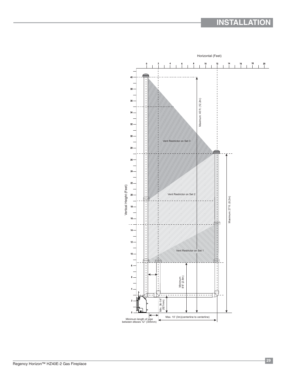 Installation, Venting arrangement for vertical terminations, Vertical venting with one(1) 90 | Elbows (1 - 90 | Regency Horizon HZ40E Medium Gas Fireplace User Manual | Page 29 / 68