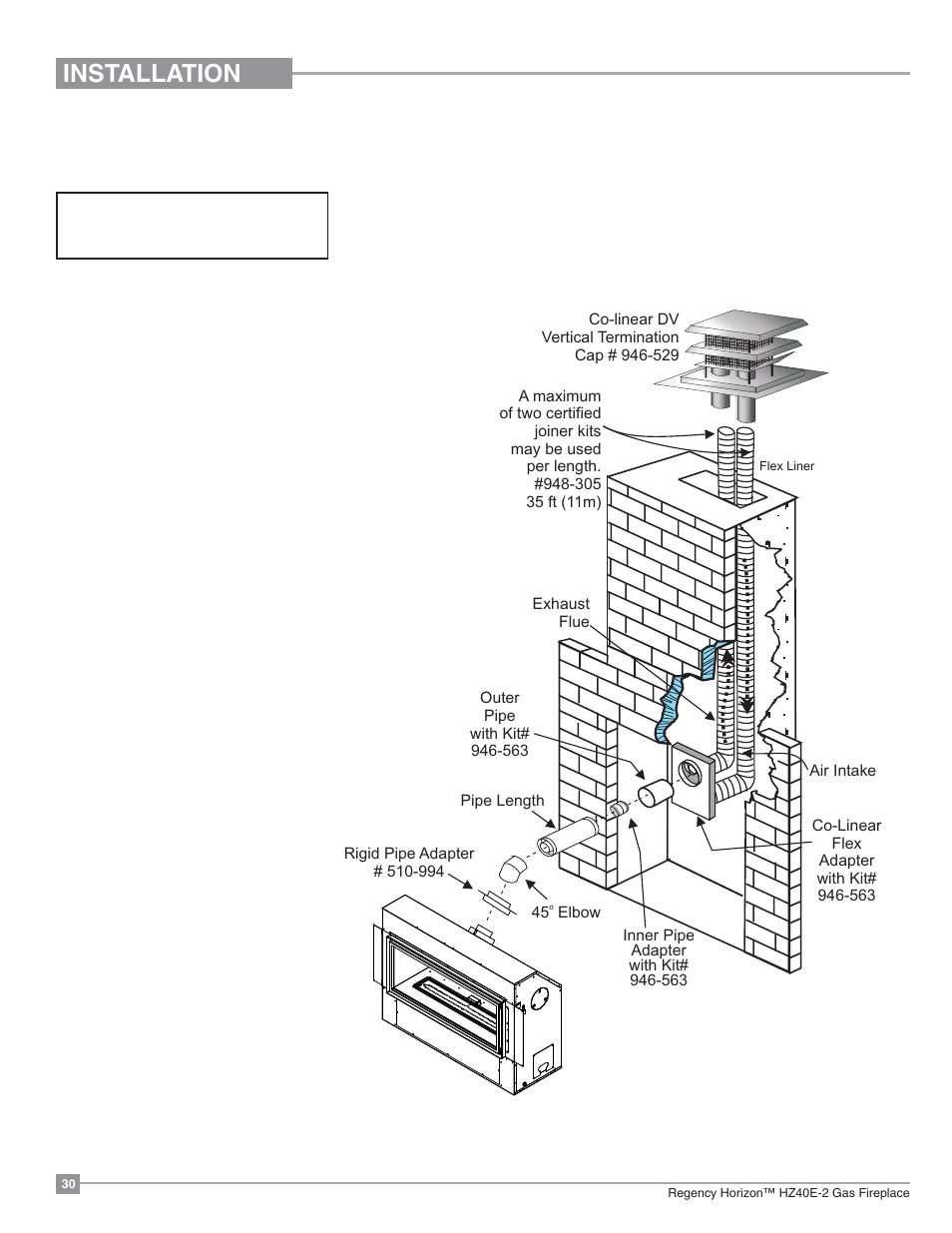 Installation, Vertical termination with co-linear flex system | Regency Horizon HZ40E Medium Gas Fireplace User Manual | Page 30 / 68