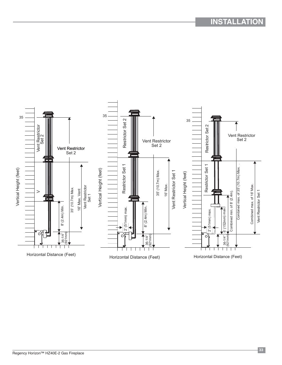Installation, Venting arrangements - vertical terminations | Regency Horizon HZ40E Medium Gas Fireplace User Manual | Page 33 / 68