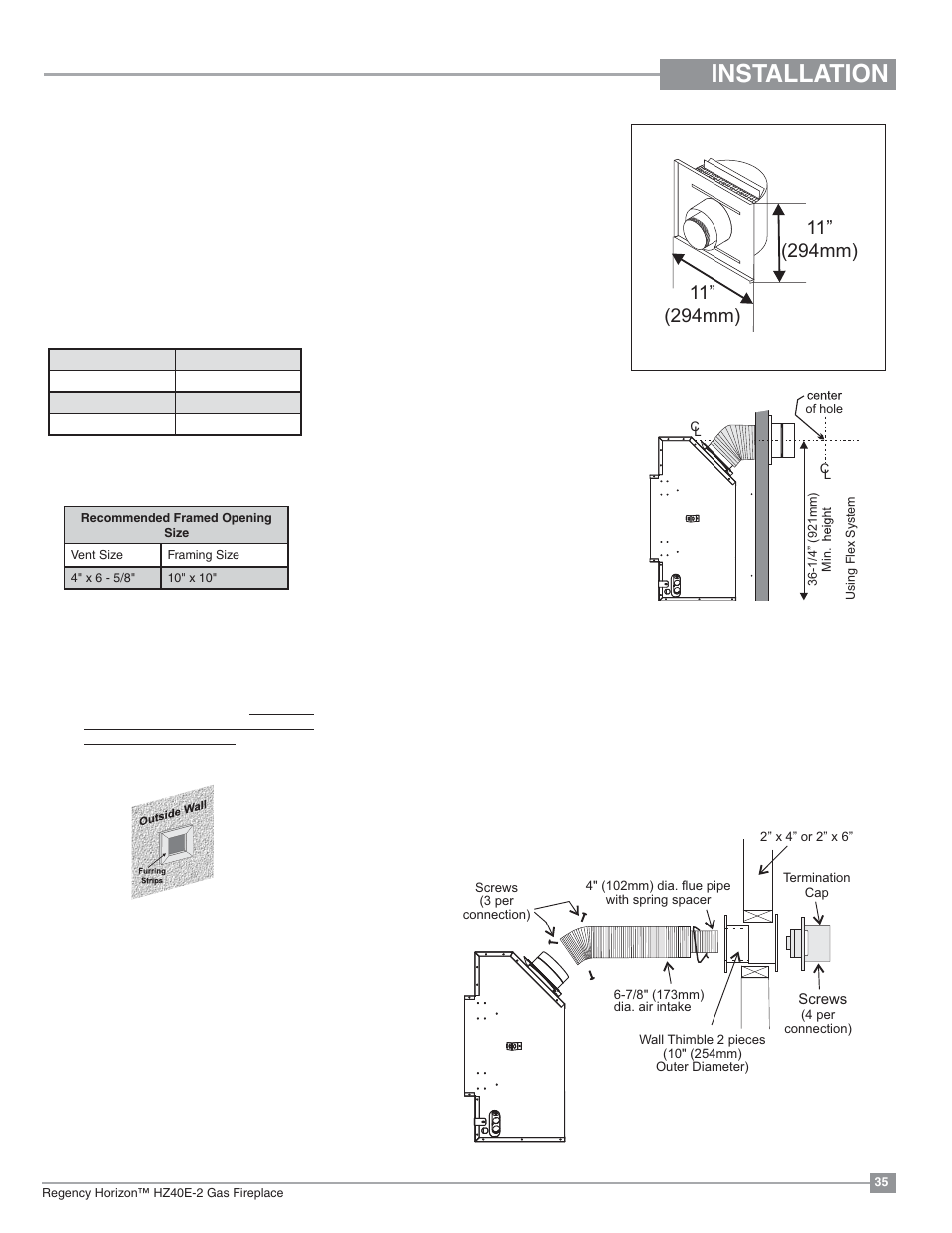 Installation, Unit installation with horizontal termination | Regency Horizon HZ40E Medium Gas Fireplace User Manual | Page 35 / 68