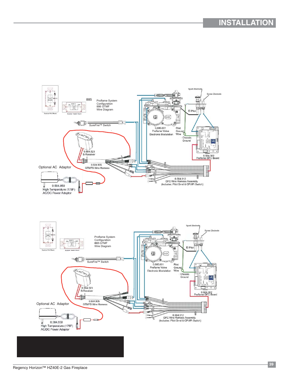 Installation, Proflame system gt proflame system gtm, Wiring diagram | Regency Horizon HZ40E Medium Gas Fireplace User Manual | Page 39 / 68