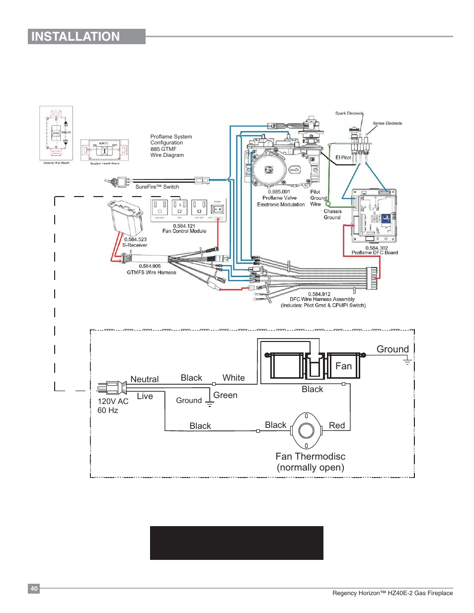 Installation, Proflame system gtmf with optional fan | Regency Horizon HZ40E Medium Gas Fireplace User Manual | Page 40 / 68