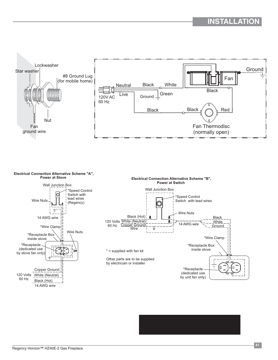 Installation, Optional fan wiring diagram, Without proflame gtmf system | Fan thermodisc (normally open), Ground | Regency Horizon HZ40E Medium Gas Fireplace User Manual | Page 41 / 68