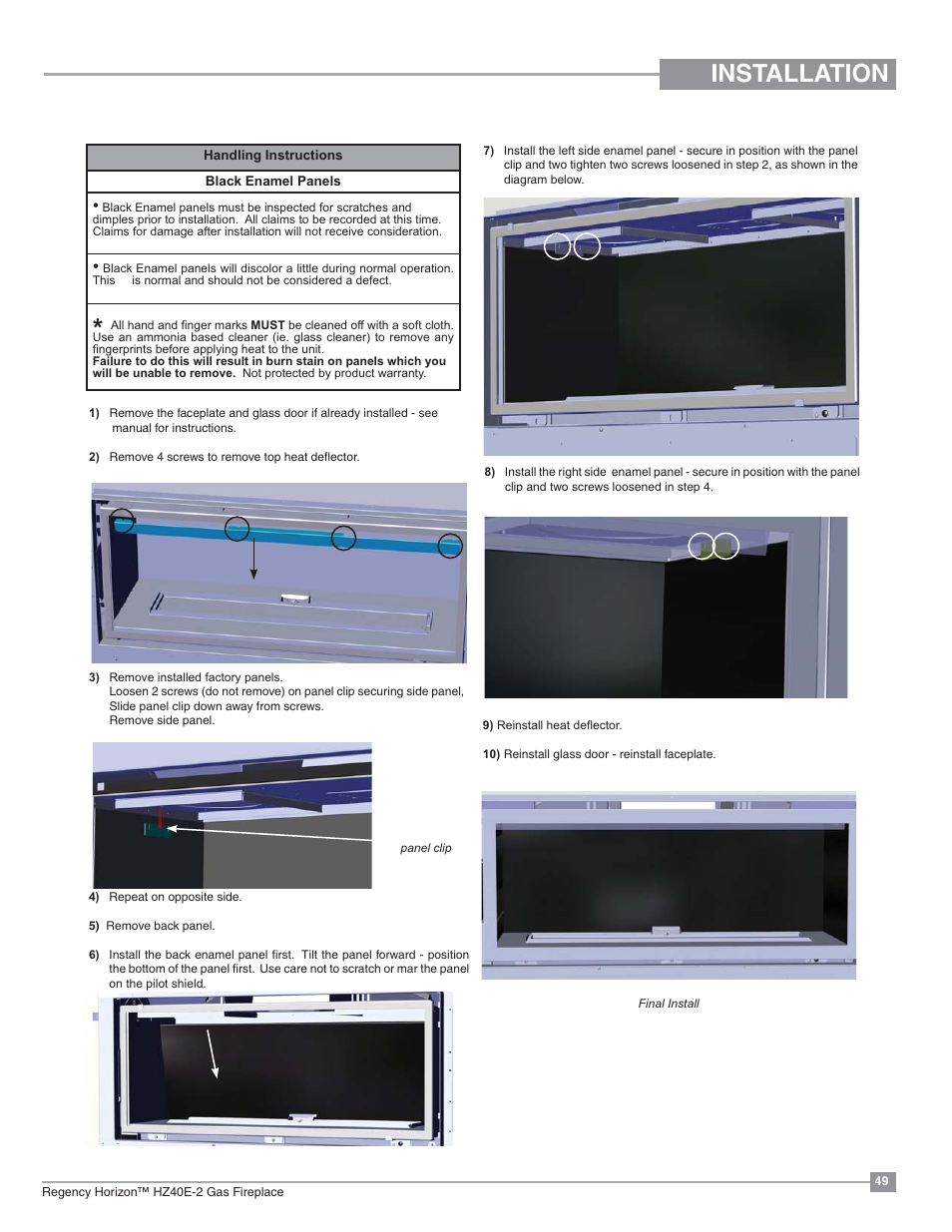 Installation, Inner panel installation | Regency Horizon HZ40E Medium Gas Fireplace User Manual | Page 49 / 68