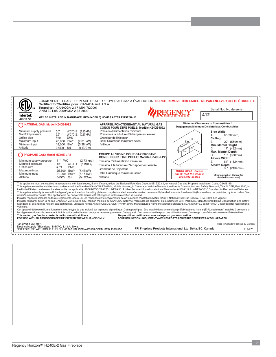 Safety label, Copy of safety decal | Regency Horizon HZ40E Medium Gas Fireplace User Manual | Page 5 / 68