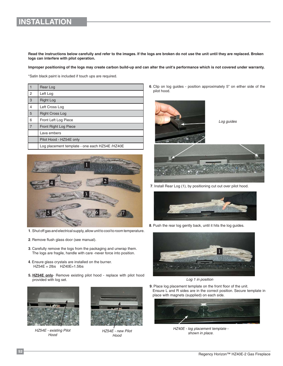 Installation, Optional driftwood log set installation | Regency Horizon HZ40E Medium Gas Fireplace User Manual | Page 52 / 68