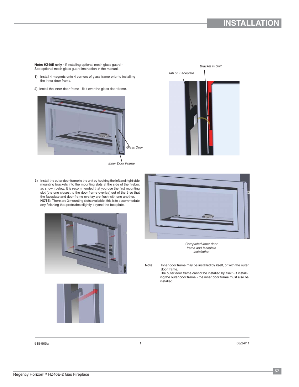 Installation, Inner and outer door frame installation | Regency Horizon HZ40E Medium Gas Fireplace User Manual | Page 57 / 68