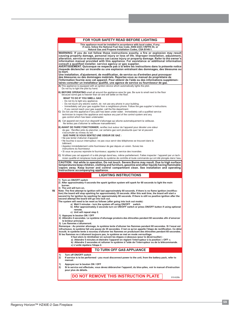 Installation operating instructions, Copy of lighting plate instructions, Do not remove this instruction plate | Regency Horizon HZ40E Medium Gas Fireplace User Manual | Page 59 / 68