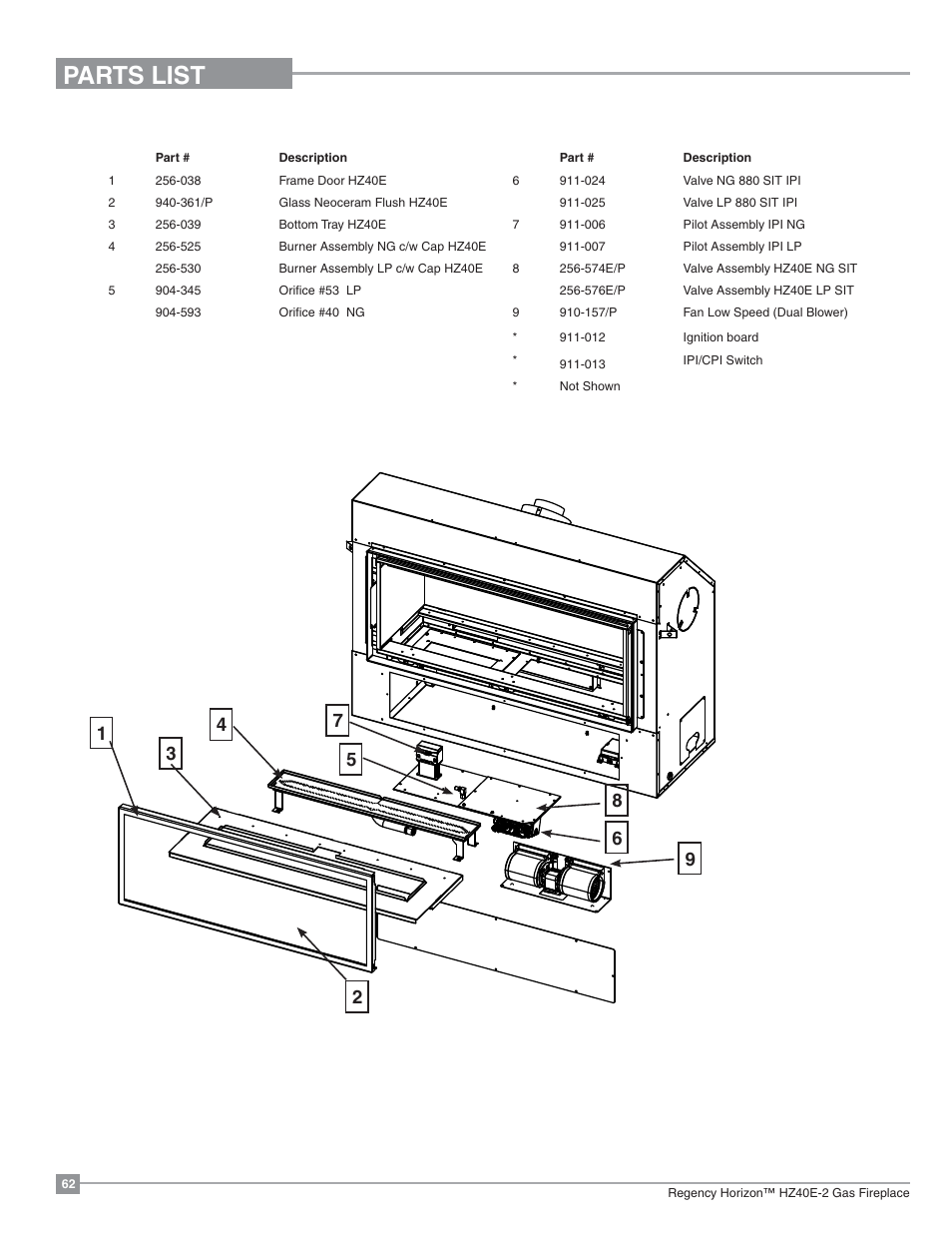 Parts list, Main assembly | Regency Horizon HZ40E Medium Gas Fireplace User Manual | Page 62 / 68