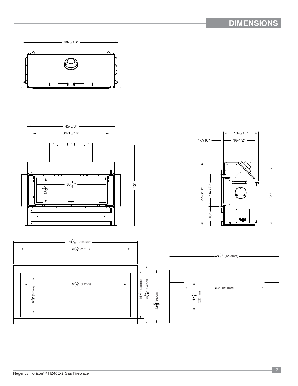 Dimensions | Regency Horizon HZ40E Medium Gas Fireplace User Manual | Page 7 / 68